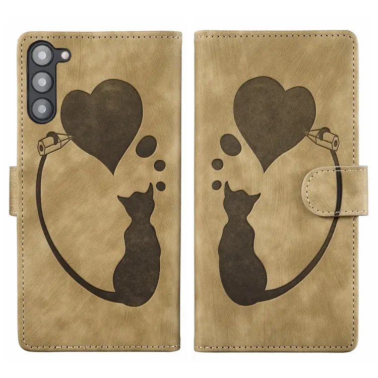 For Samsung Galaxy S23+ 5G Pen Heart Cat Embossed Leather Phone Case(Apricot)