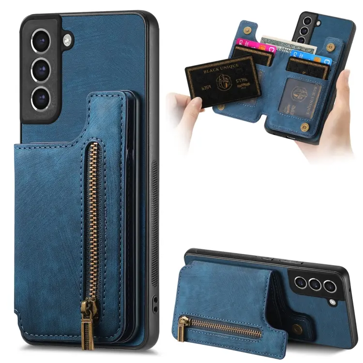 For Samsung Galaxy S23+ 5G Retro Leather Zipper Wallet Back Phone Case(Blue)