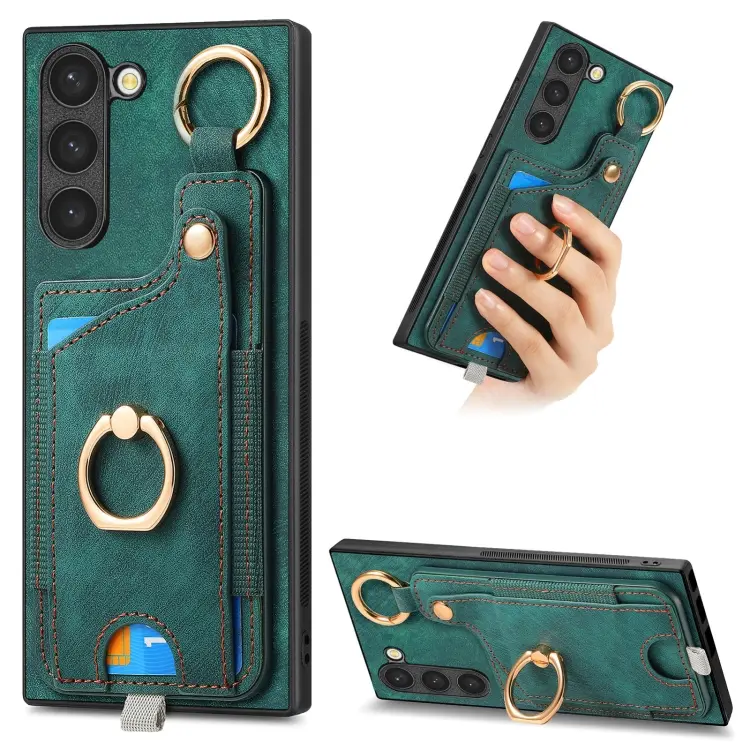 For Samsung Galaxy S23+ 5G Retro Skin-feel Ring Card Bag Phone Case with Hang Loop(Green)
