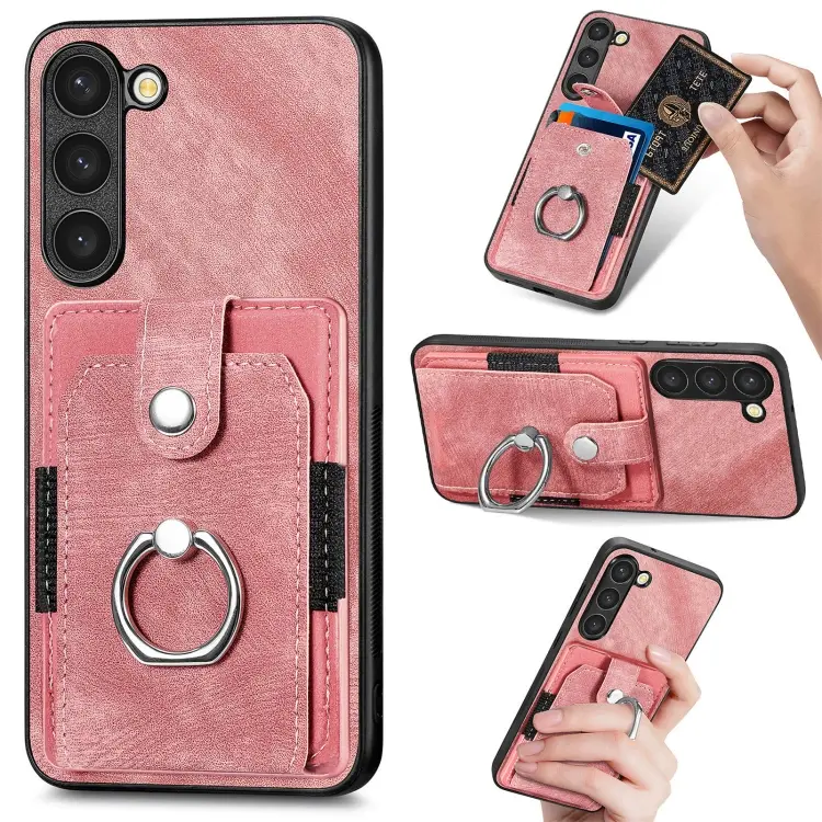 For Samsung Galaxy S23+ 5G Retro Skin-feel Ring Card Wallet Phone Case(Pink)