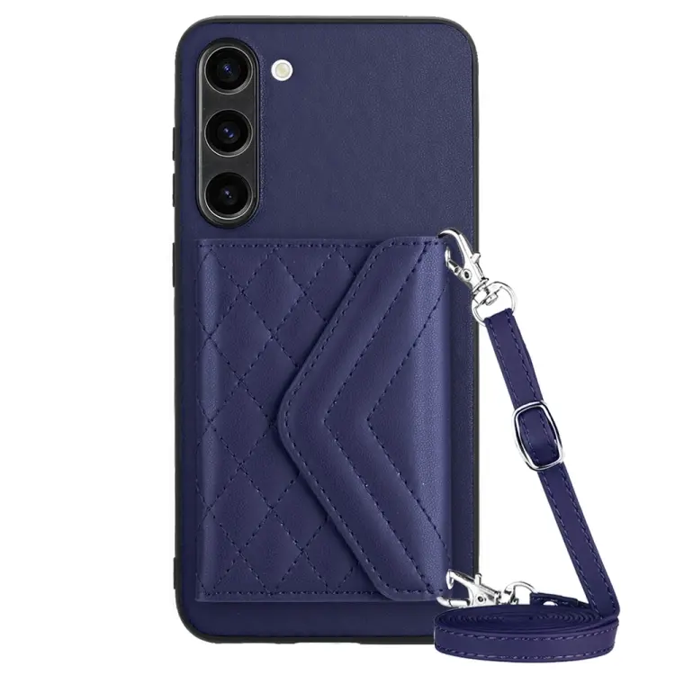 For Samsung Galaxy S23+ 5G Rhombic Texture Card Bag RFID Phone Case with Long Lanyard(Blue)