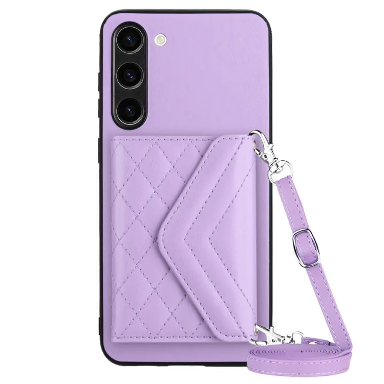 For Samsung Galaxy S23+ 5G Rhombic Texture Card Bag RFID Phone Case with Long Lanyard(Light Purple)