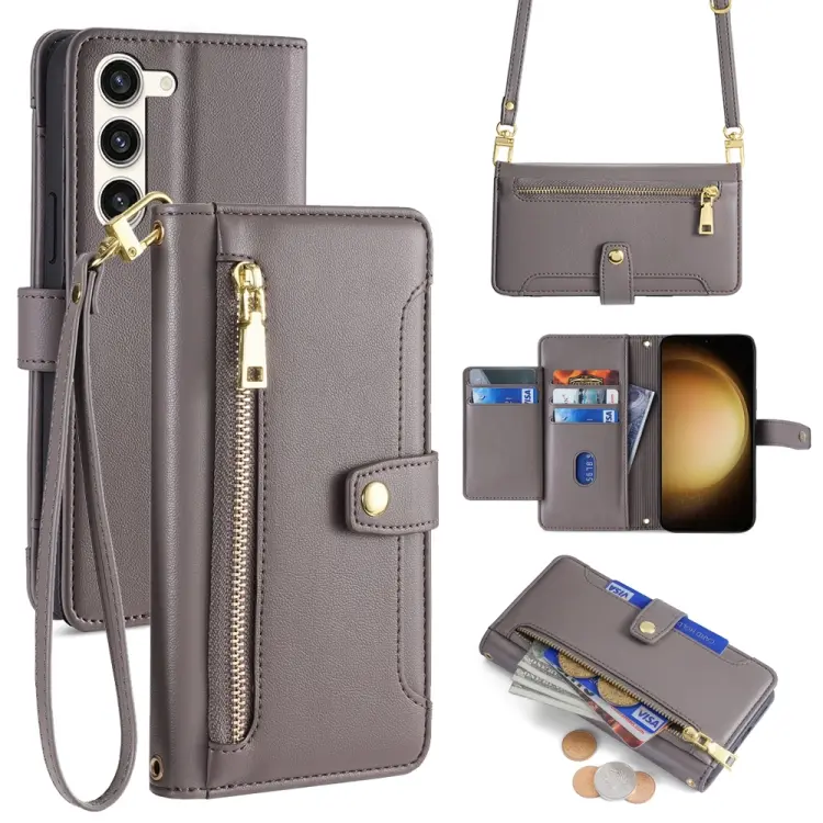 For Samsung Galaxy S23+ 5G Sheep Texture Cross-body Zipper Wallet Leather Phone Case(Grey)