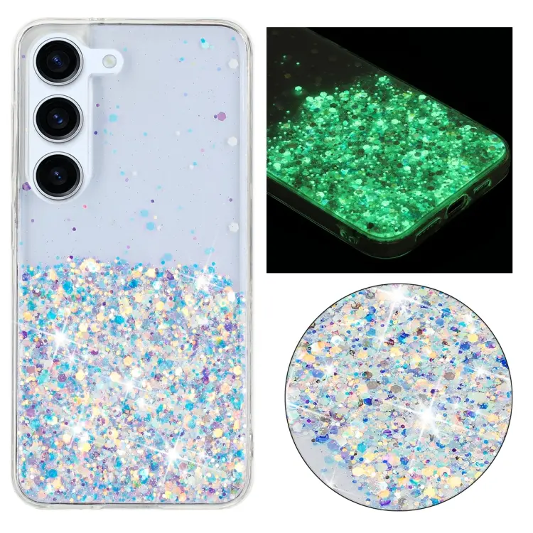 For Samsung Galaxy S23+ 5G Transparent Frame Noctilucent Glitter Powder TPU Phone Case(White)