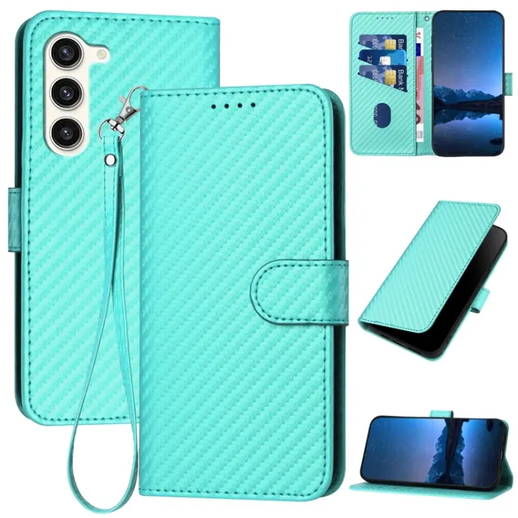 For Samsung Galaxy S23+ 5G YX0070 Carbon Fiber Buckle Leather Phone Case with Lanyard(Light Blue)