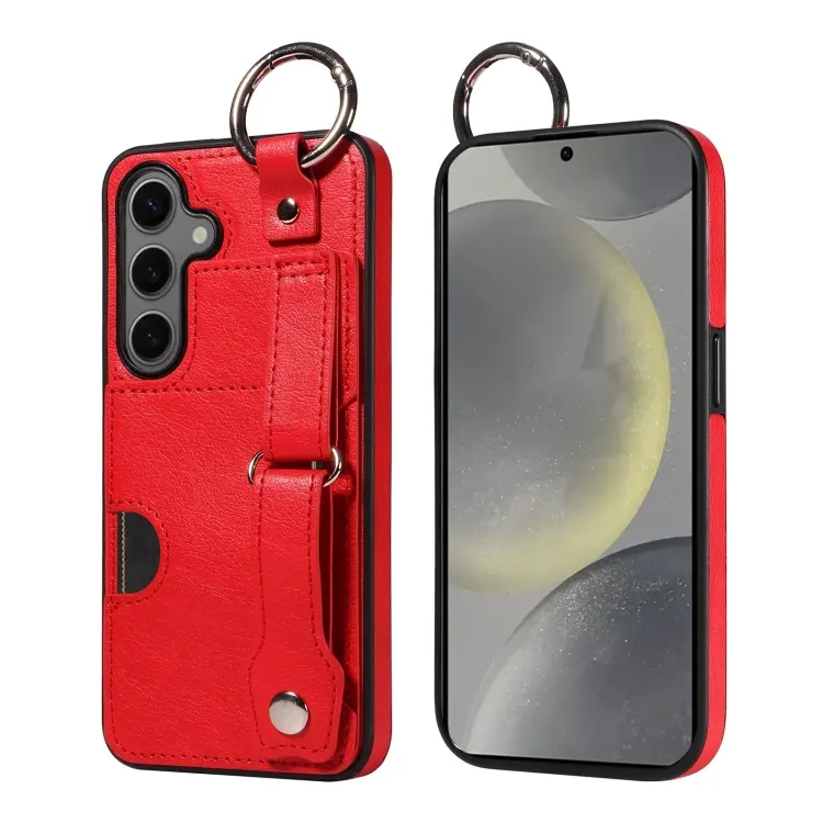 For Samsung Galaxy S24 5G Calf Texture Wrist Card Slot Ring Phone Case(Red)