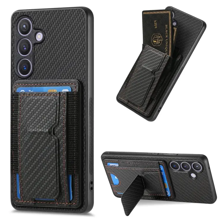 For Samsung Galaxy S24 5G Carbon Fiber Fold Stand Elastic Card Bag Phone Case(Black)