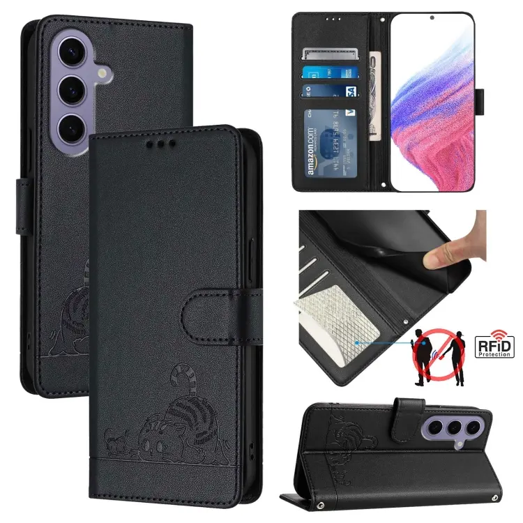 For Samsung Galaxy S24 5G Cat Rat Embossed Pattern RFID Leather Phone Case with Lanyard(Black)