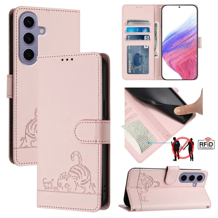 For Samsung Galaxy S24 5G Cat Rat Embossed Pattern RFID Leather Phone Case with Lanyard(Pink)
