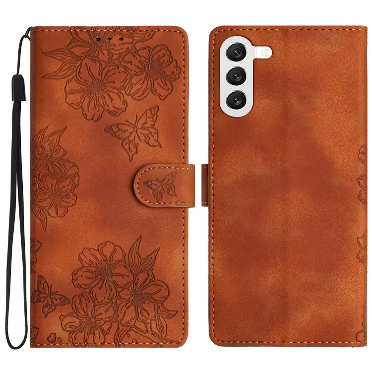 For Samsung Galaxy S24 5G Cherry Blossom Butterfly Skin Feel Embossed PU Phone Case(Brown)