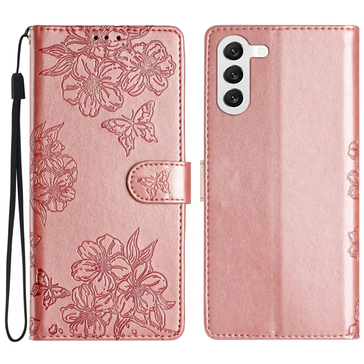For Samsung Galaxy S24 5G Cherry Blossom Butterfly Skin Feel Embossed PU Phone Case(Rose Gold)