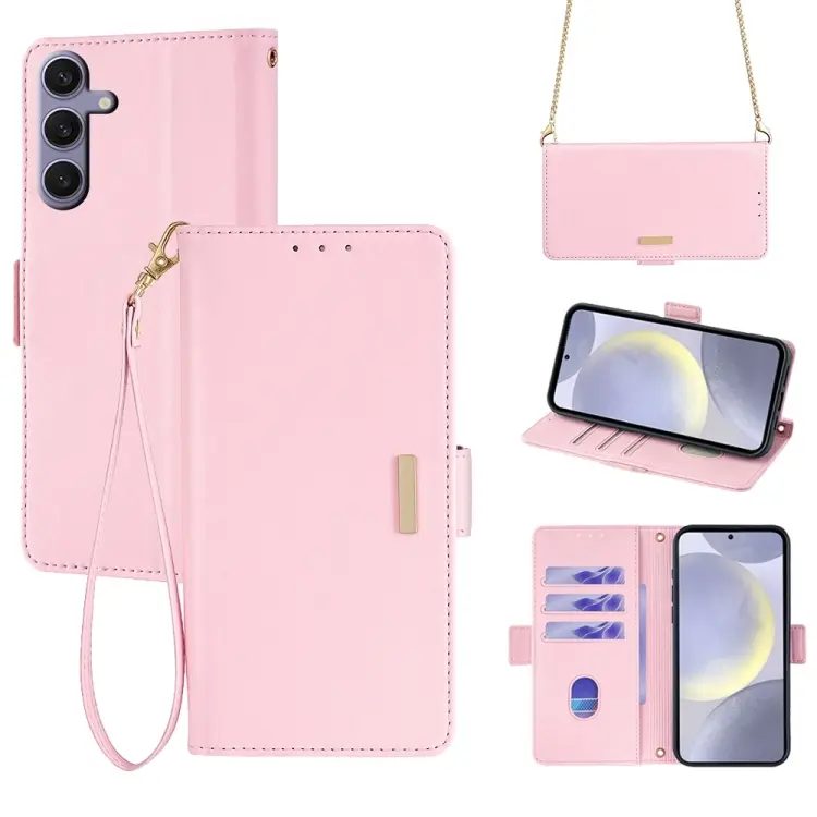 For Samsung Galaxy S24 5G Crossbody Chain Leather Phone Case(Pink)