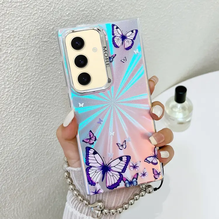 For Samsung Galaxy S24 5G Electroplating Laser Butterfly Phone Case with Wrist Strap(Purple Butterflies AB3)