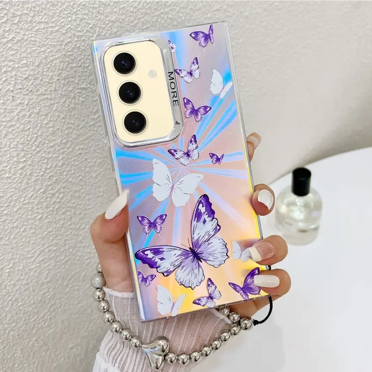 For Samsung Galaxy S24 5G Electroplating Laser Butterfly Phone Case with Wrist Strap(White Purple Butterflies AB6)