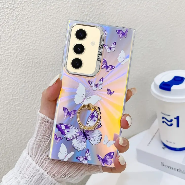 For Samsung Galaxy S24 5G Electroplating Laser Butterfly Ring Holder Phone Case(White Purple Butterflies AB6)