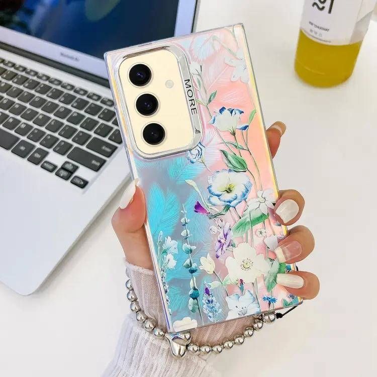 For Samsung Galaxy S24 5G Electroplating Laser Flower Phone Case with Wrist Strap(Blue Flower AH8)
