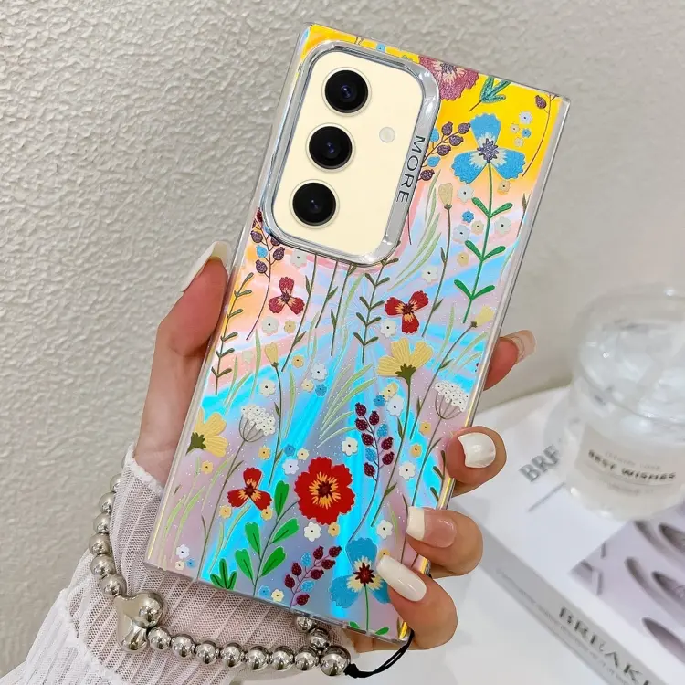 For Samsung Galaxy S24 5G Electroplating Laser Flower Phone Case with Wrist Strap(Flower AH6)