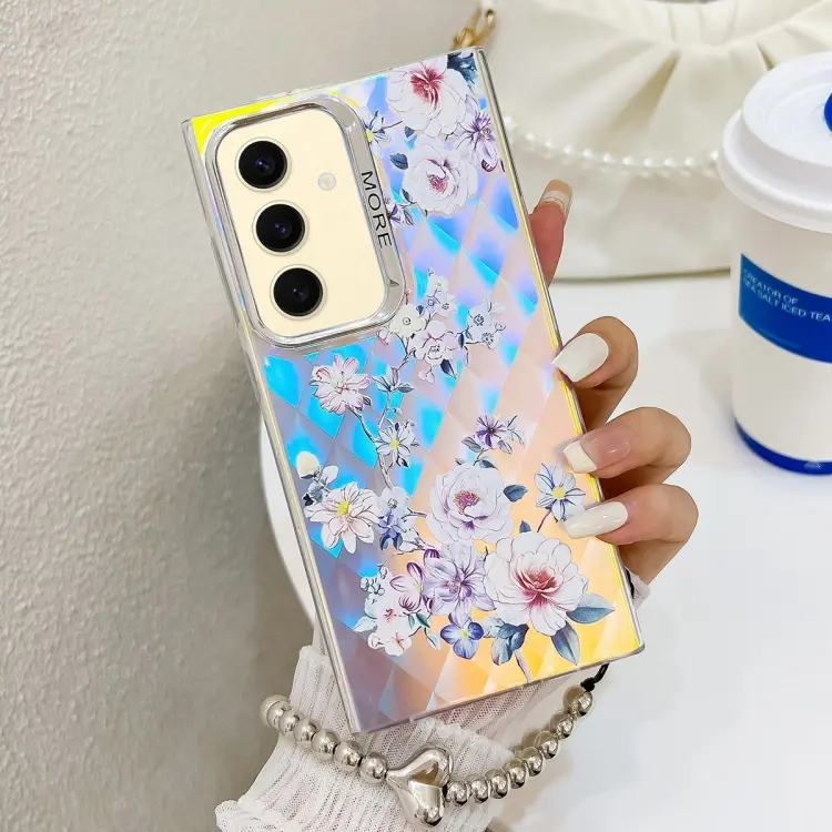 For Samsung Galaxy S24 5G Electroplating Laser Flower Phone Case with Wrist Strap(Rose AH15)