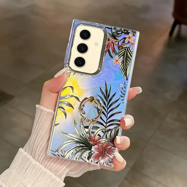 For Samsung Galaxy S24 5G Electroplating Laser Flower Ring Holder TPU Phone Case(Leaves AH12)