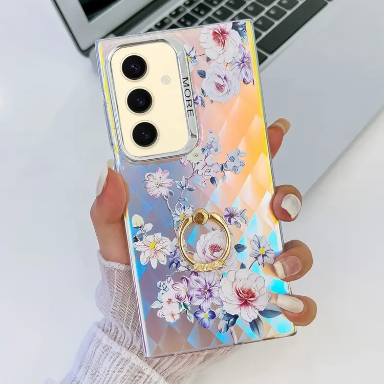 For Samsung Galaxy S24 5G Electroplating Laser Flower Ring Holder TPU Phone Case(Rose AH15)