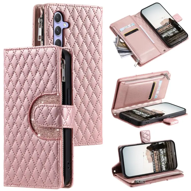 For Samsung Galaxy S24 5G Glitter Lattice Zipper Wallet Leather Phone Case(Rose Gold)
