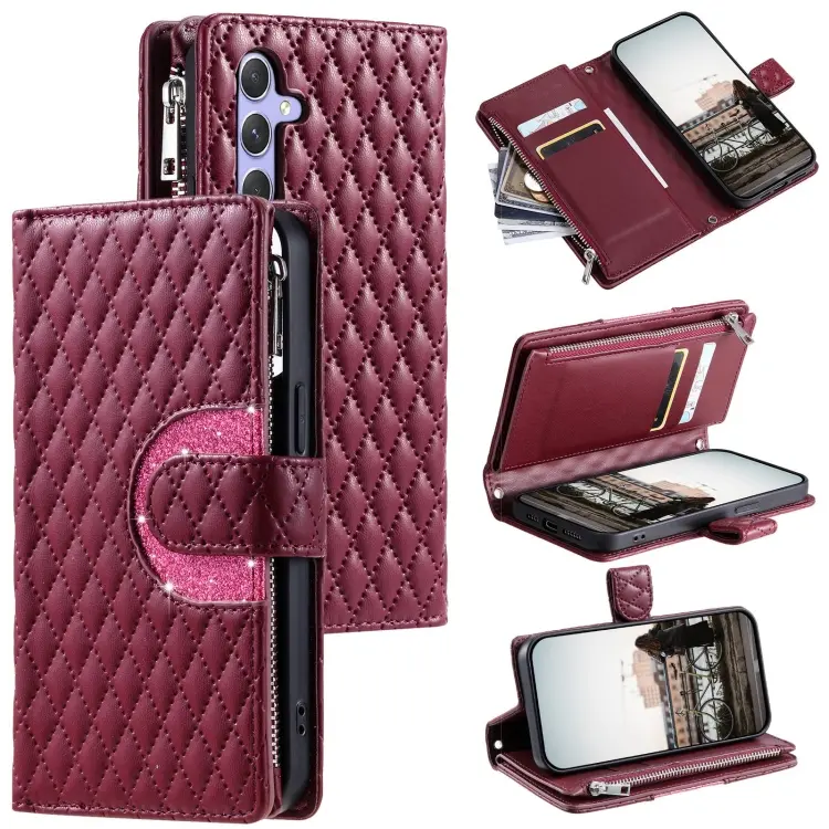 For Samsung Galaxy S24 5G Glitter Lattice Zipper Wallet Leather Phone Case(Wine Red)