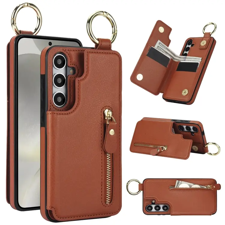 For Samsung Galaxy S24 5G Litchi Texture Zipper Double Buckle Card Bag Phone Case(Brown)