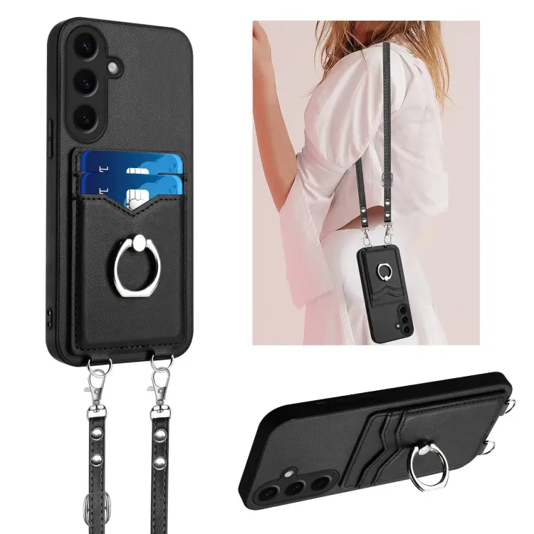 For Samsung Galaxy S24 5G R20 Crossbody Rope Ring Card Holder Phone Case(Black)