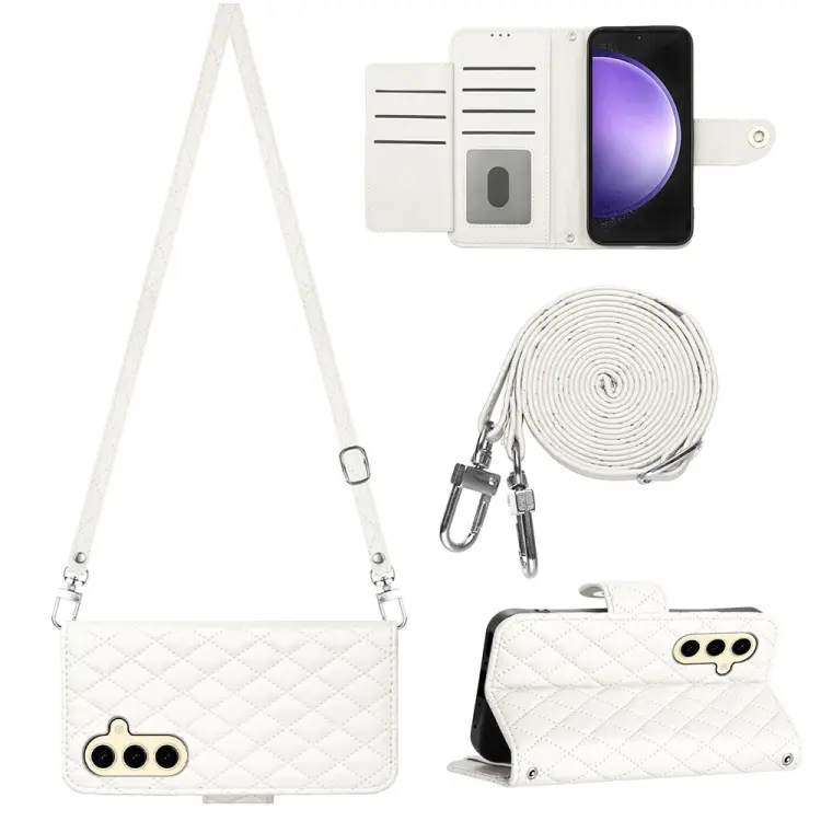 For Samsung Galaxy S24 5G Rhombic Texture Flip Leather Phone Case with Long Lanyard(White)