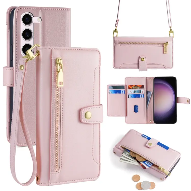 For Samsung Galaxy S24 5G Sheep Texture Cross-body Zipper Wallet Leather Phone Case(Pink)
