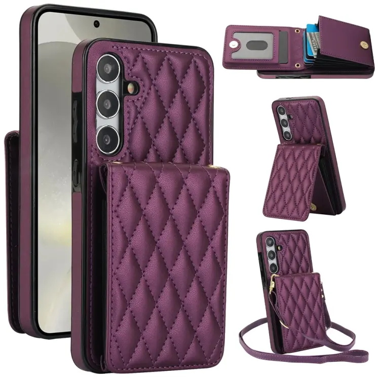 For Samsung Galaxy S24 5G YM015 Crossbody Rhombic Card Bag RFID Phone Case(Dark Purple)
