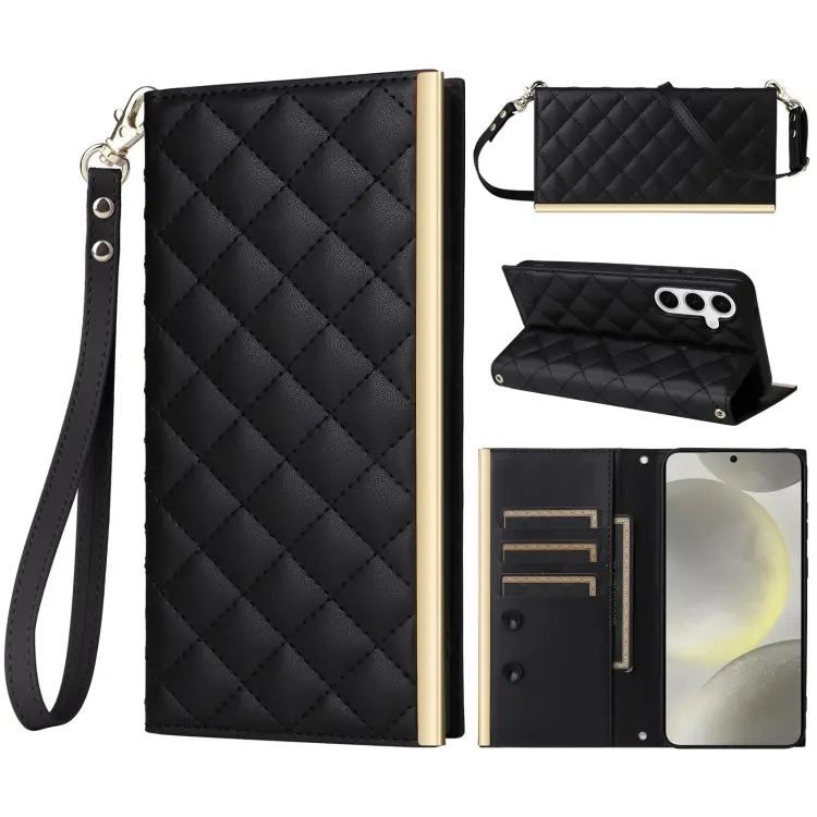 For Samsung Galaxy S24 / S25 5G Crossbody Rhombic Sucker Leather Phone Case(Black)