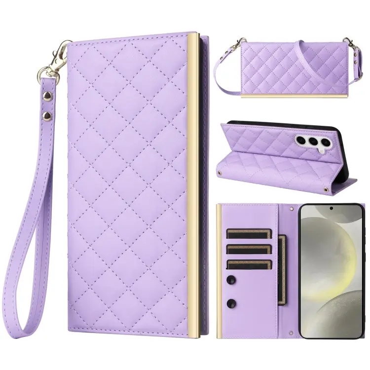 For Samsung Galaxy S24 / S25 5G Crossbody Rhombic Sucker Leather Phone Case(Purple)
