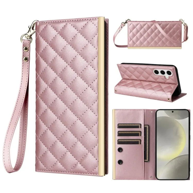 For Samsung Galaxy S24 / S25 5G Crossbody Rhombic Sucker Leather Phone Case(Rose Gold)