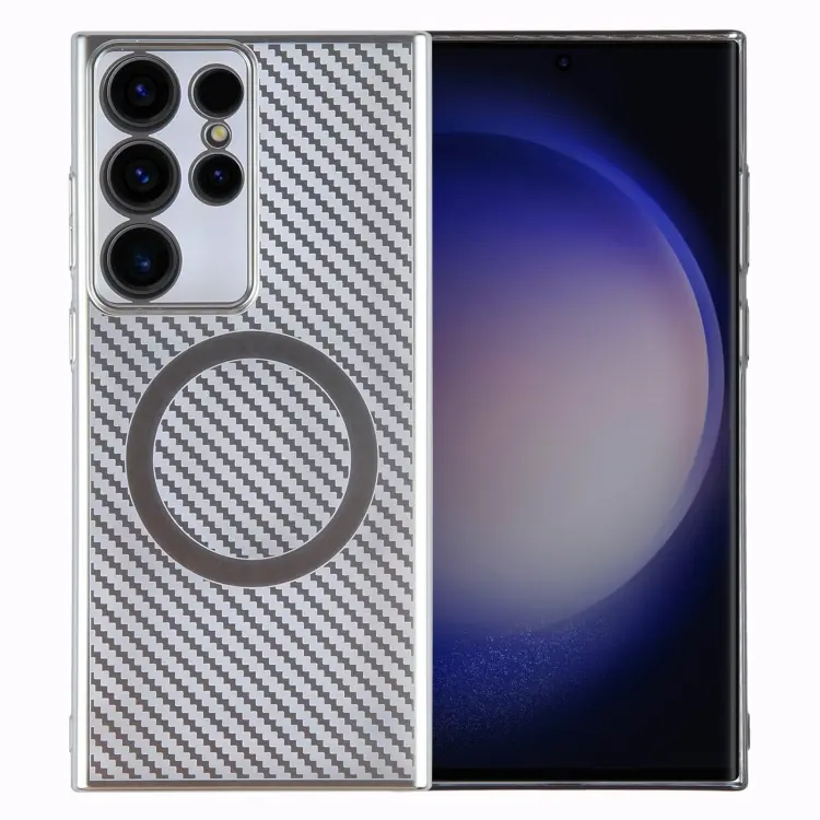 For Samsung Galaxy S24 Ultra 5G 6D Plated Carbon Fiber Clear Magsafe PC Phone Case(Starlight Silver)
