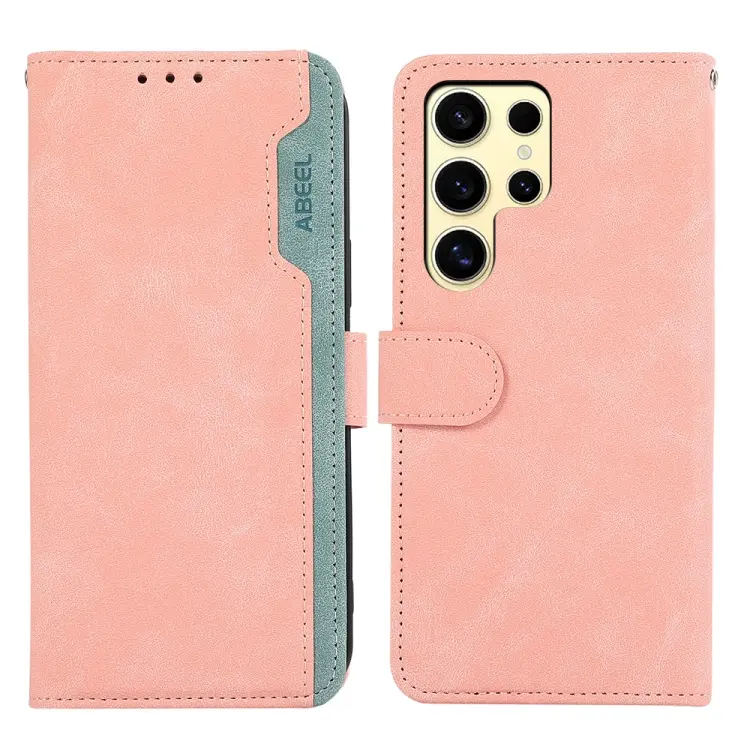 For Samsung Galaxy S24 Ultra 5G ABEEL Color Block Magnetic RFID Leather Phone Case(Pink-Cyan)