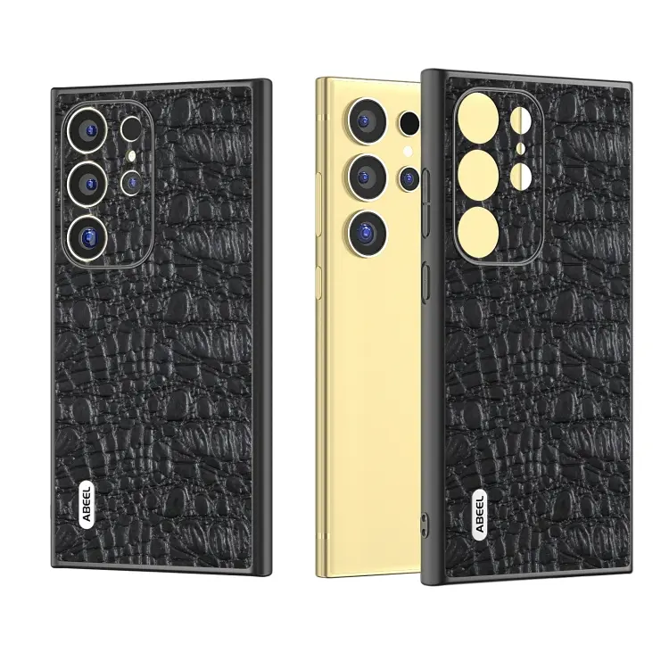 For Samsung Galaxy S24 Ultra 5G ABEEL Genuine Leather Sky Series Phone Case with Holder(Black)