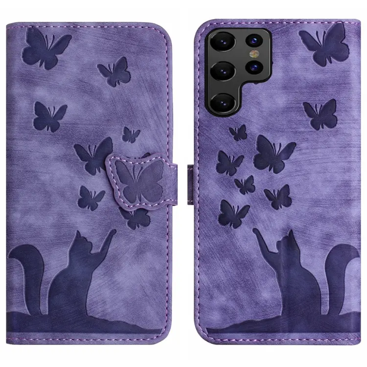 For Samsung Galaxy S24 Ultra 5G Butterfly Cat Embossing Flip Leather Phone Case(Purple)