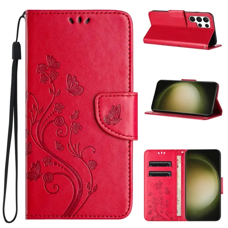 For Samsung Galaxy S24 Ultra 5G Butterfly Flower Pattern Flip Leather Phone Case(Red)