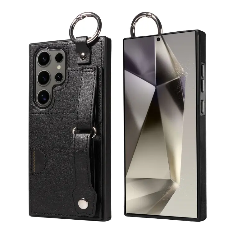 For Samsung Galaxy S24 Ultra 5G Calf Texture Wrist Card Slot Ring Phone Case(Black)