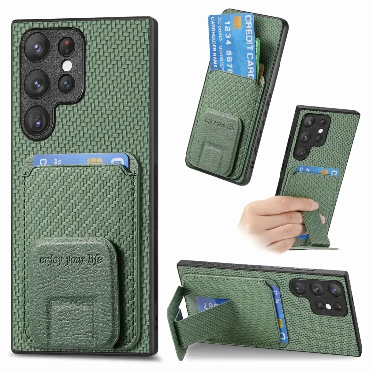 For Samsung Galaxy S24 Ultra 5G Carbon Fiber Card Bag Fold Stand Phone Case(Green)