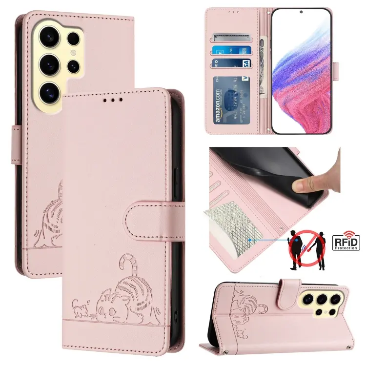 For Samsung Galaxy S24 Ultra 5G Cat Rat Embossed Pattern RFID Leather Phone Case with Lanyard(Pink)