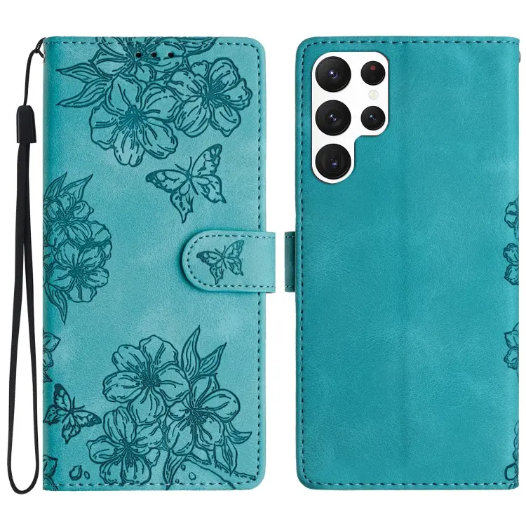For Samsung Galaxy S24 Ultra 5G Cherry Blossom Butterfly Skin Feel Embossed PU Phone Case(Green)