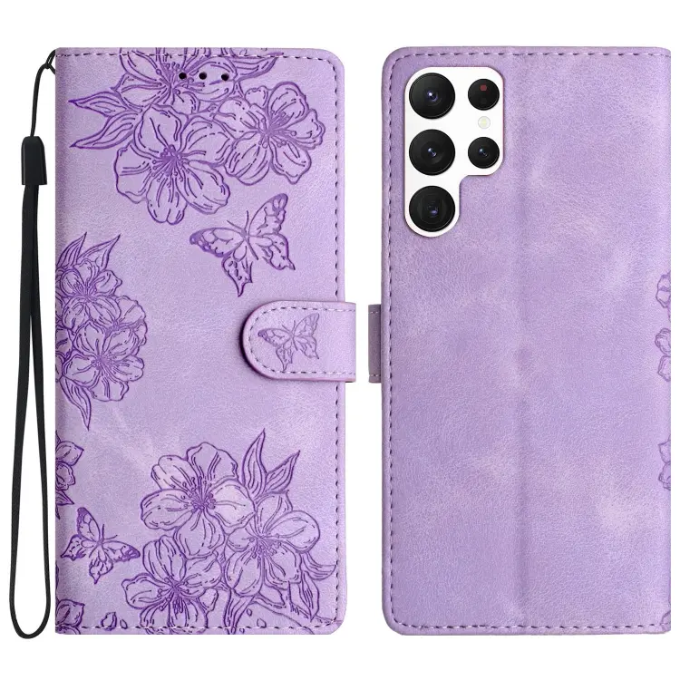 For Samsung Galaxy S24 Ultra 5G Cherry Blossom Butterfly Skin Feel Embossed PU Phone Case(Purple)