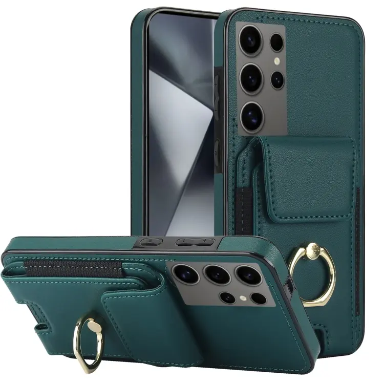 For Samsung Galaxy S24 Ultra 5G Elastic Card Bag Ring Holder Phone Case(Dark Green)