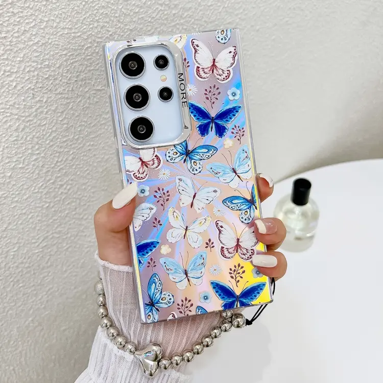 For Samsung Galaxy S24 Ultra 5G Electroplating Laser Butterfly Phone Case with Wrist Strap(Blue Butterflies AB4)