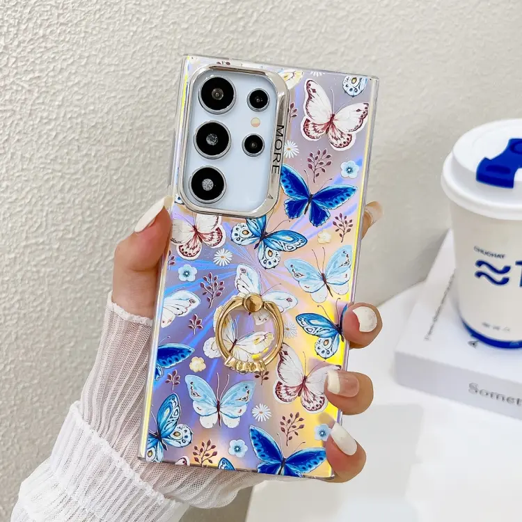 For Samsung Galaxy S24 Ultra 5G Electroplating Laser Butterfly Ring Holder Phone Case(Blue Butterflies AB4)