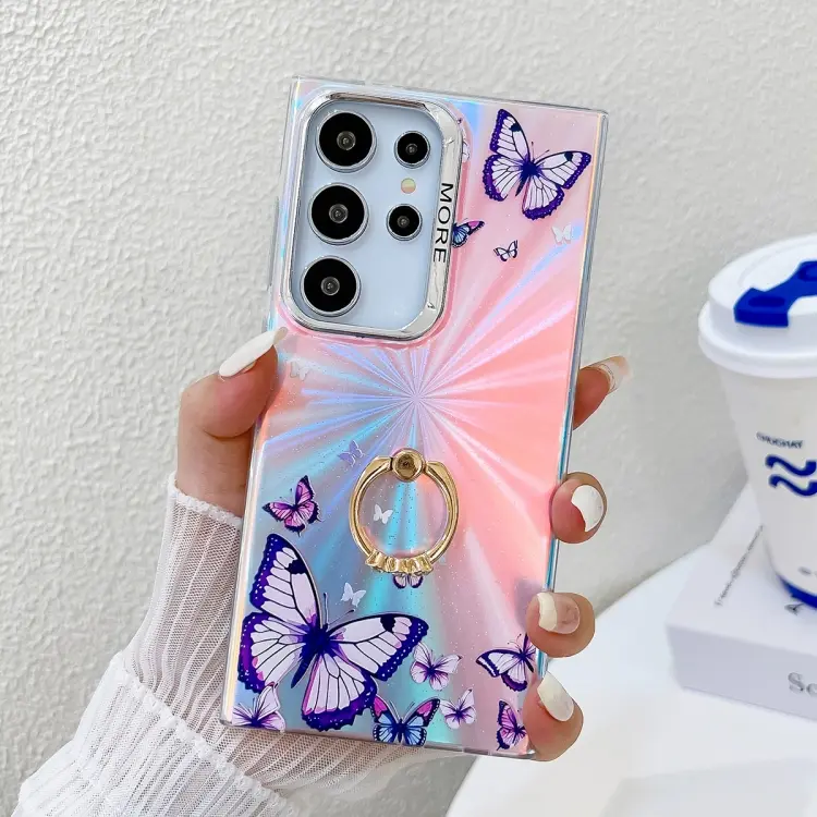 For Samsung Galaxy S24 Ultra 5G Electroplating Laser Butterfly Ring Holder Phone Case(Purple Butterflies AB3)