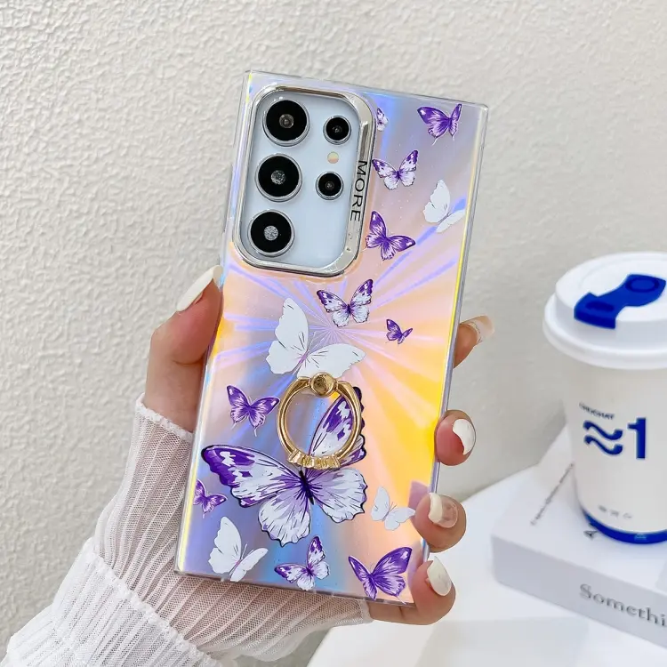 For Samsung Galaxy S24 Ultra 5G Electroplating Laser Butterfly Ring Holder Phone Case(White Purple Butterflies AB6)