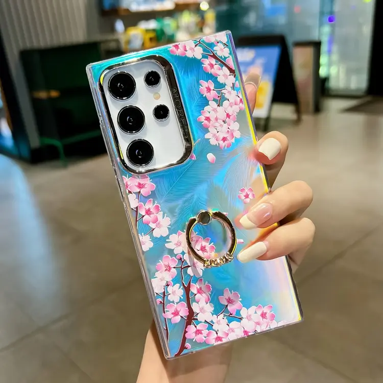 For Samsung Galaxy S24 Ultra 5G Electroplating Laser Flower Ring Holder TPU Phone Case(Peach Blossom AH4)